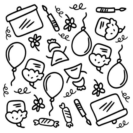birthday set with doodle line style vectorのイラスト素材