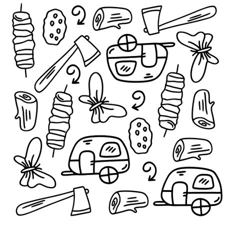 picnic and camping doodle line set vectorのイラスト素材