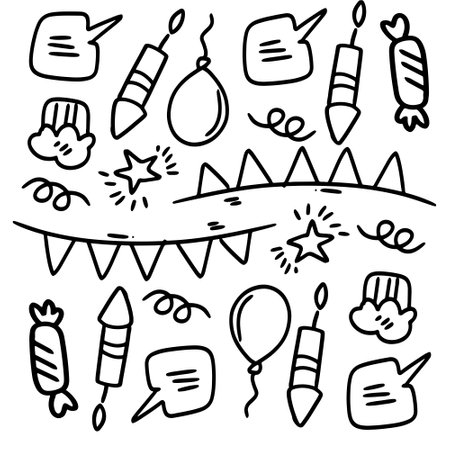birthday set with doodle line style vectorのイラスト素材