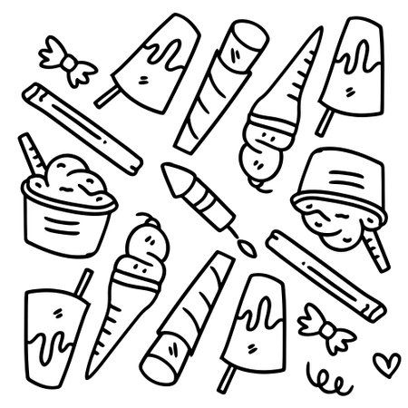ice cream set with doodle line style vectorのイラスト素材