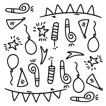 birthday set with doodle line style vectorのイラスト素材