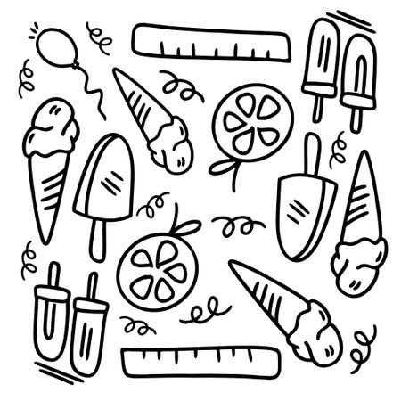 ice cream set with doodle line style vectorのイラスト素材