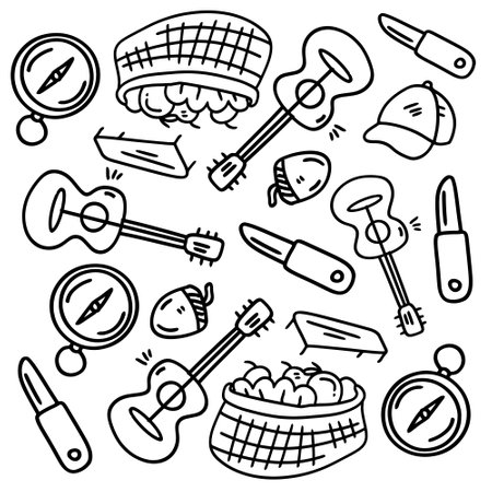picnic and camping doodle line set vectorのイラスト素材
