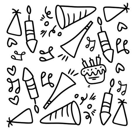 birthday set with doodle line style vectorのイラスト素材