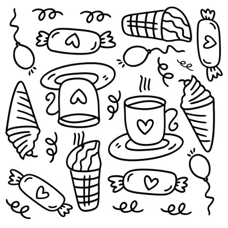ice cream set with doodle line style vectorのイラスト素材