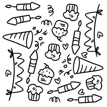 birthday set with doodle line style vectorのイラスト素材