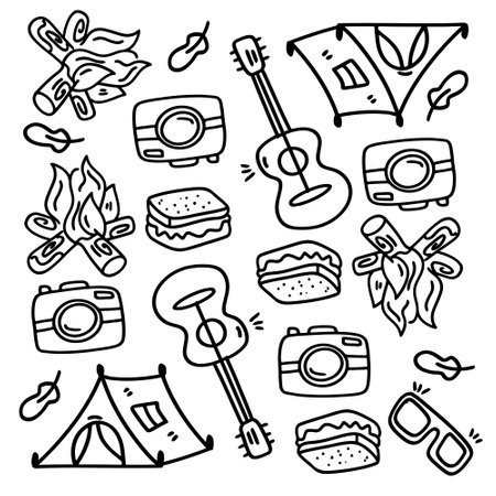 picnic and camping doodle line set vectorのイラスト素材