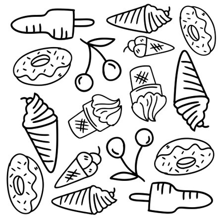 ice cream set with doodle line style vectorのイラスト素材