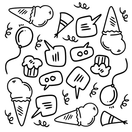 birthday set with doodle line style vectorのイラスト素材