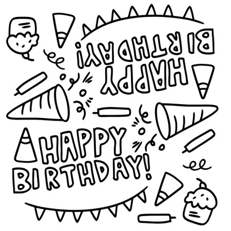 birthday set with doodle line style vectorのイラスト素材