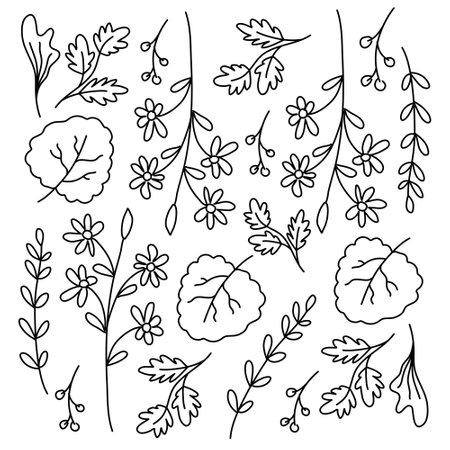 leaves plant icon set with doodle line style vector designのイラスト素材