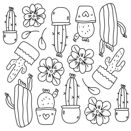 cactus plants set with doodle line style vectorのイラスト素材