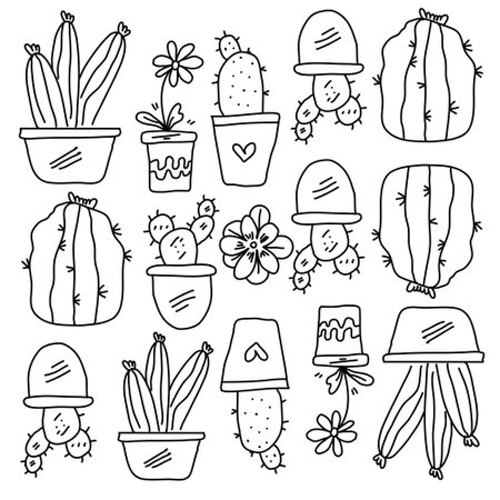 cactus plants set with doodle line style vectorのイラスト素材
