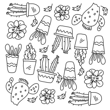 cactus plants set with doodle line style vectorのイラスト素材
