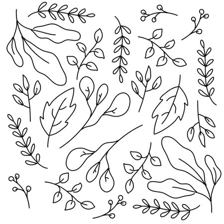 leaves plant icon set with doodle line style vector designのイラスト素材