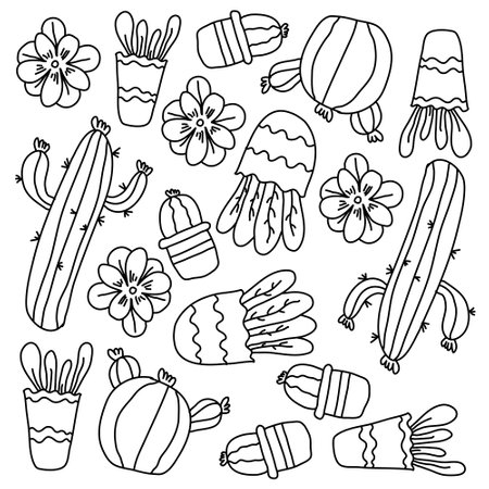 cactus plants set with doodle line style vectorのイラスト素材