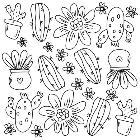 cactus plants set with doodle line style vectorのイラスト素材