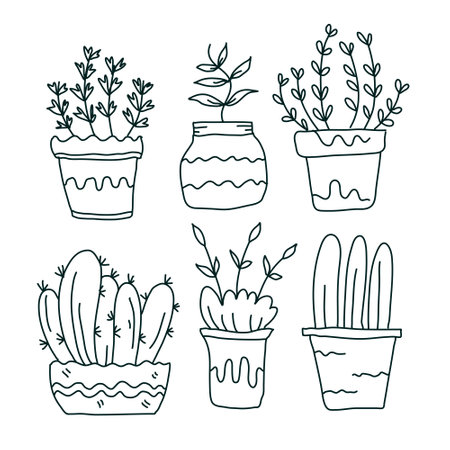 leaves plant icon set with doodle line style vector designのイラスト素材