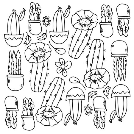 cactus plants set with doodle line style vectorのイラスト素材
