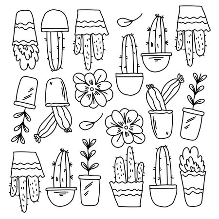 cactus plants set with doodle line style vectorのイラスト素材