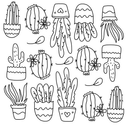 cactus plants set with doodle line style vectorのイラスト素材