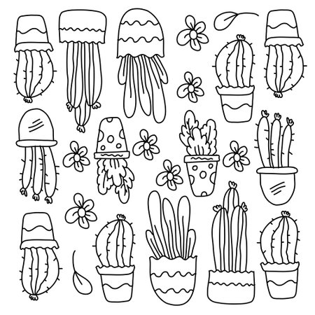 cactus plants set with doodle line style vectorのイラスト素材