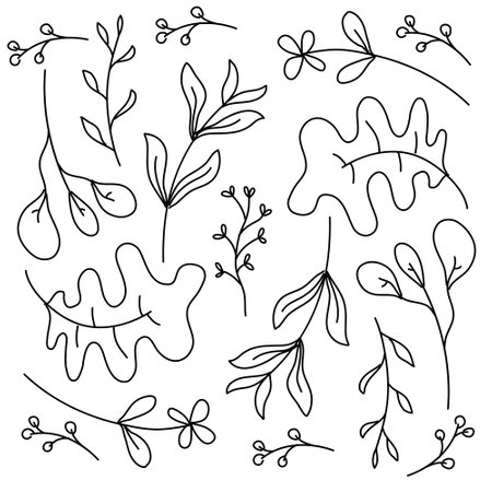 leaves plant icon set with doodle line style vector designのイラスト素材