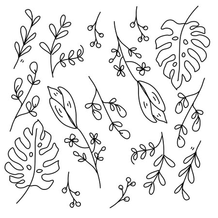 leaves plant icon set with doodle line style vector designのイラスト素材