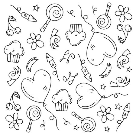 birthday party icons set with line style vector designのイラスト素材