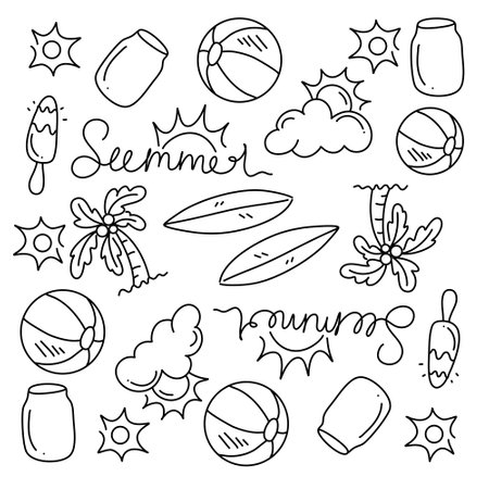 summer icons doodle set vector designのイラスト素材