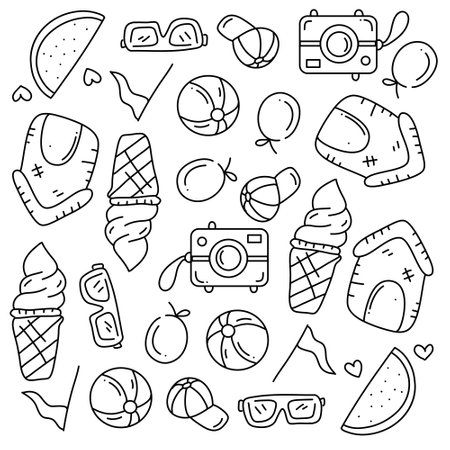 summer icons doodle set vector designのイラスト素材