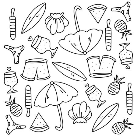 summer icons doodle set vector designのイラスト素材