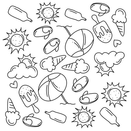 summer icons doodle set vector designのイラスト素材
