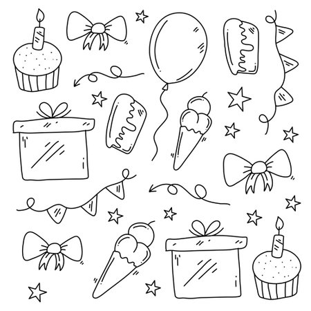 birthday party icons set with line style vector designのイラスト素材