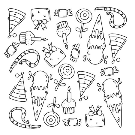 birthday party icons set with line style vector designのイラスト素材