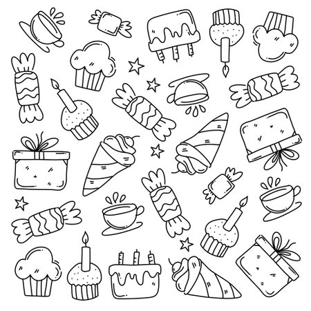 birthday party icons set with line style vector designのイラスト素材