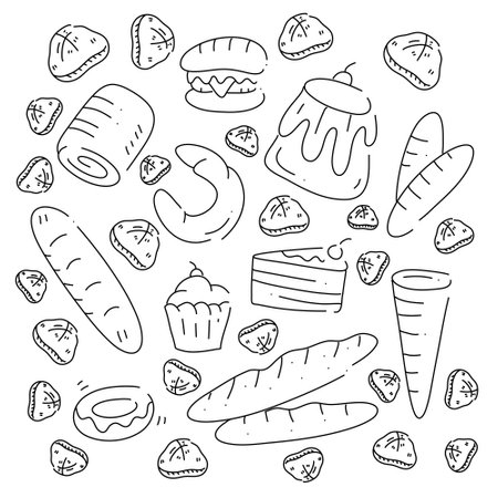 bakery bread and cake doodle art set bundle for food and drink resources with line styleのイラスト素材