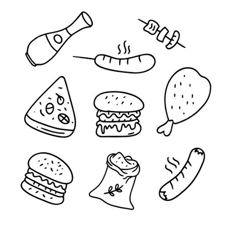Hand drawn doodle fast food icons set. Vector illustration.のイラスト素材