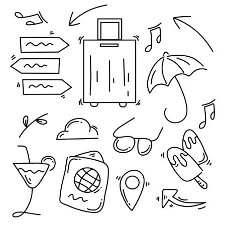 Hand drawn doodle travel icons set. Vector illustration for your designのイラスト素材