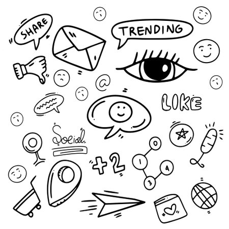 Hand drawn doodle set of social media icons. Vector illustration.のイラスト素材