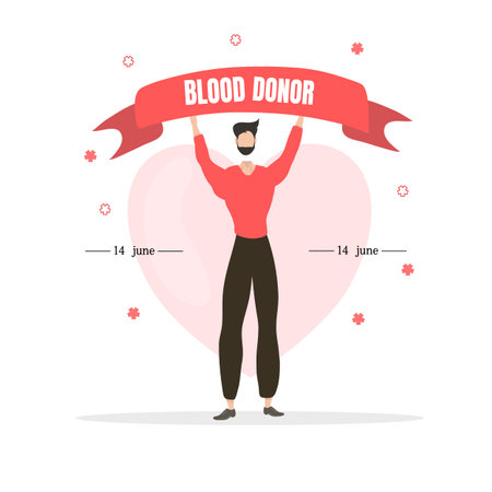 Vector flat illustration of a man with a banner in the shape of a heart.のイラスト素材