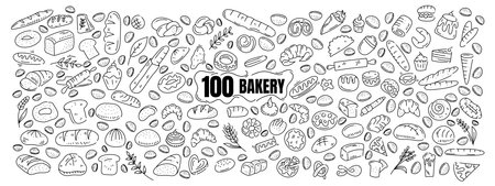 Bakery products hand drawn doodle set. Vector illustration.のイラスト素材