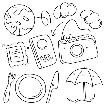Hand drawn doodle of a set of travel items. Vector illustrationのイラスト素材