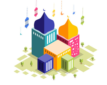 islamic mosque building with arabic lanterns isometric vector illustrationのイラスト素材