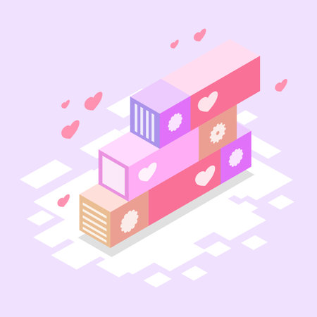 Isometric 3D vector illustration of a pink and blue building with hearts.