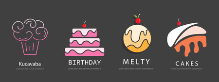 Cake icon set. Vector illustration. Isolated on grey background.