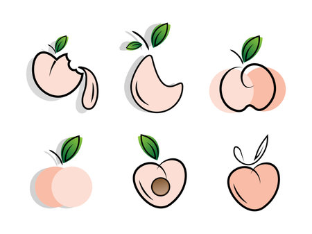 Peach icon set. Vector illustration in cartoon style. Isolated on white background.のイラスト素材