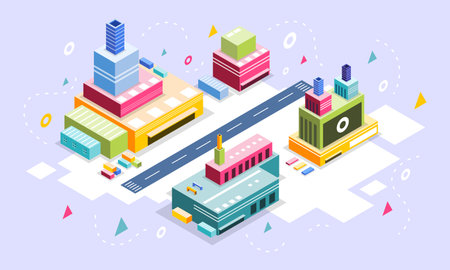 Isometric flat 3D illustration of modern city with buildings and roadsのイラスト素材