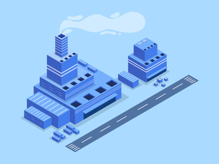 Isometric industrial building on a blue background. Flat 3d vector illustration.のイラスト素材