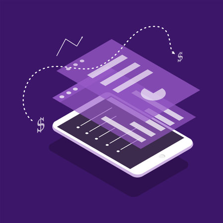 Flat design isometric concept of mobile application development. Vector illustration.のイラスト素材